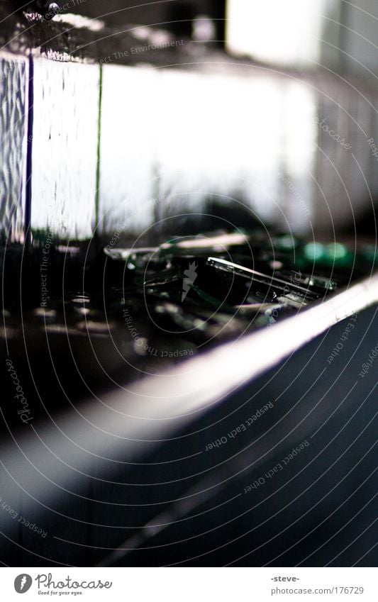 shards Colour photo Interior shot Copy Space bottom Shadow Contrast Blur Shallow depth of field Industrial plant Glass Dark Black Mirror Splinter Broken Shard