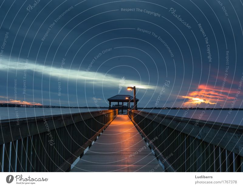 Fort Myers Florida dock at sunset Vacation & Travel Ocean Landscape Sky Clouds Bridge Exotic Blue Multicoloured Orange Serene Sunset Tropical boardwalk calm