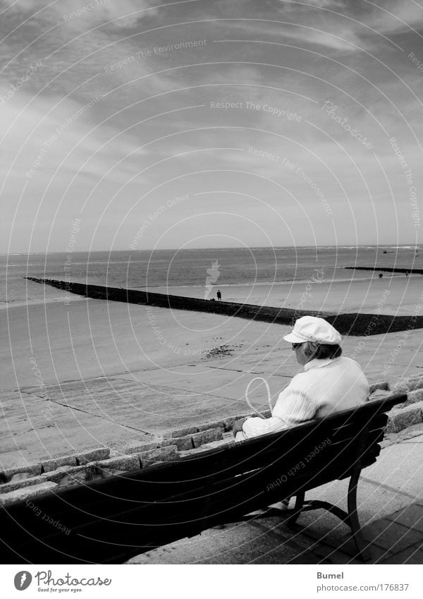 coastal queen Black & white photo Exterior shot Copy Space left Day Rear view Forward Freedom Beach Ocean Female senior Woman Senior citizen Head