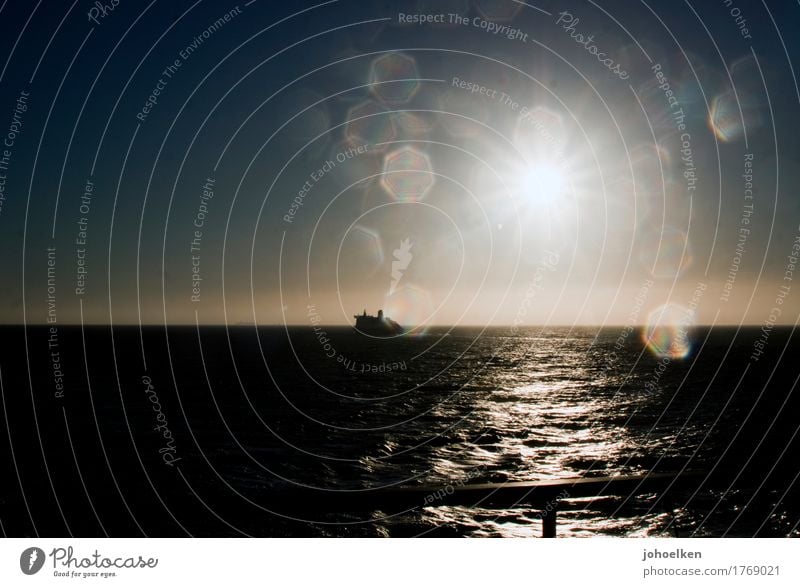 outlook Water Drops of water Cloudless sky Horizon Sun Sunrise Sunset Sunlight Beautiful weather Waves Ocean Navigation Passenger ship Ferry Watercraft On board