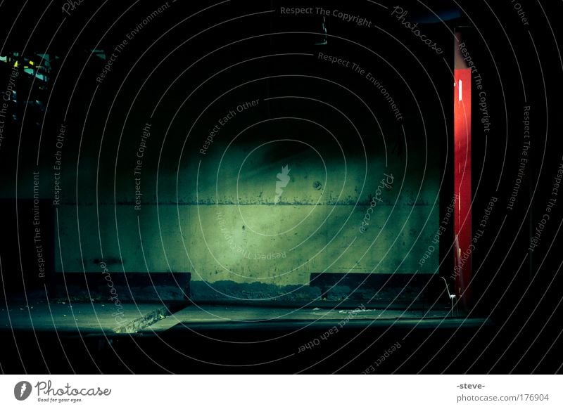 clearing Colour photo Interior shot Deserted Light Shadow Sunbeam Industrial plant Factory Dark Cold Green Red Black