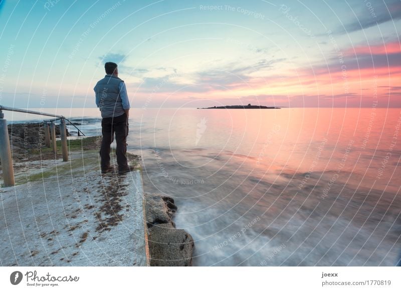 Man looks into the sunset at the sea Masculine Adults 1 Human being 30 - 45 years Water Sky Clouds Sunrise Sunset Beautiful weather Stand Infinity Speed Blue