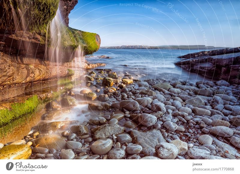 How time Vacation & Travel Nature Landscape Water Sky Beautiful weather Moss Rock Coast Ocean Island Ireland Waterfall Stone Blue Brown Gray Green White Idyll