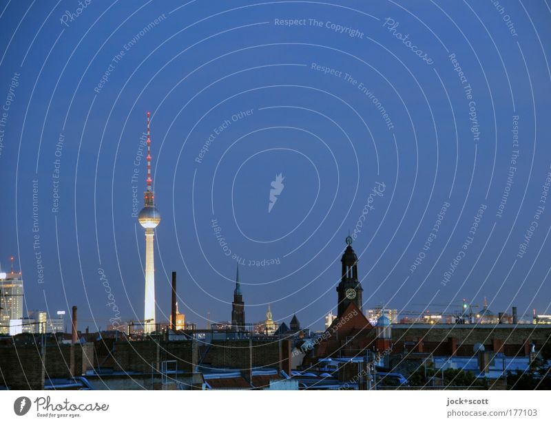 Twilight over Berlin Environment Cloudless sky Capital city Downtown Skyline Church Tower Architecture Tourist Attraction Landmark Berlin TV Tower Illuminate