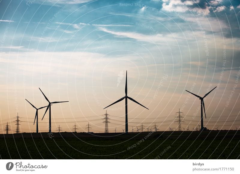 energy paths Energy industry Renewable energy Wind energy plant Sky Clouds Beautiful weather Esthetic Authentic Sustainability Blue Orange Black Success