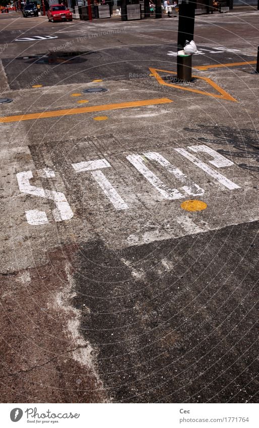 Please Industry Auckland Town Transport Motoring Street Crossroads Road sign Stop sign Lane markings Sign Characters Signs and labeling Signage Warning sign