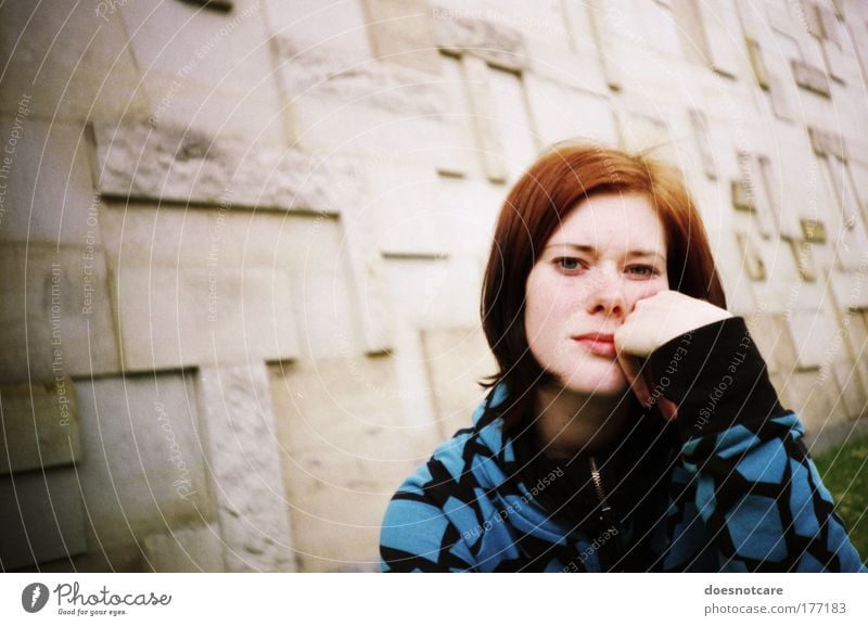 Bored? Human being Feminine Young woman Youth (Young adults) Woman Adults 1 18 - 30 years Wait Lomography Boredom Impatience Doubt Looking Blue Vignetting