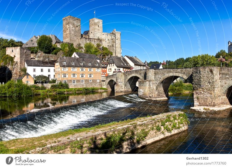 Castle Runkel an der Lahn Vacation & Travel Tourism Trip Sightseeing Summer vacation Water River Waterfall Weir Village Old town Architecture Tourist Attraction