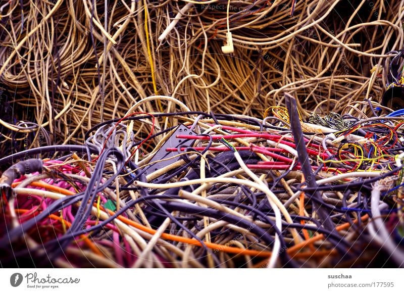 tangled cables Colour photo Multicoloured Detail Blur Plastic Blue Yellow Violet Pink Squander Luxury Destruction Cable Defective Broken Dispose of Environment