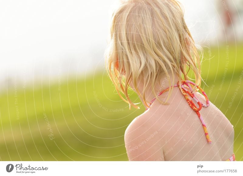 summer Colour photo Exterior shot Copy Space left Sunlight Looking back Joy Hair and hairstyles Swimming & Bathing Playing Summer Summer vacation Garden