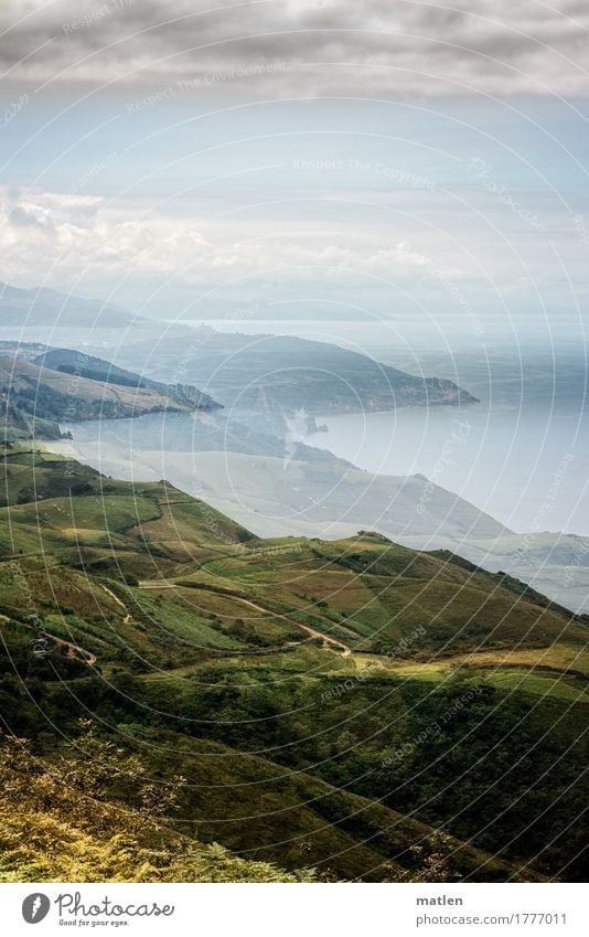 Basque coast Nature Landscape Plant Sky Clouds Horizon Summer Beautiful weather Grass Bushes Meadow Hill Rock Coast Bay Ocean Blue Brown Gray Green