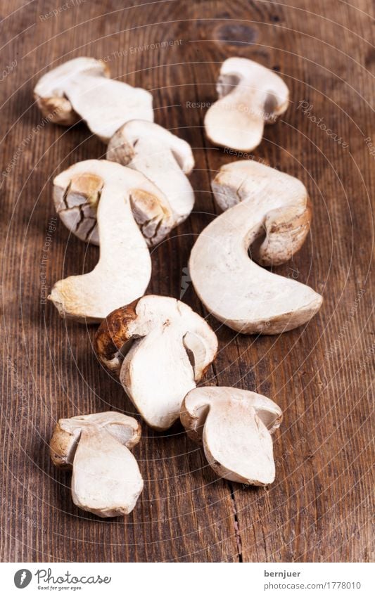 mushroom loon Food Nutrition Good Brown White Authentic Boletus Mushroom Raw Division Rustic Wood Chopping board Deserted Autumn Colour photo Subdued colour