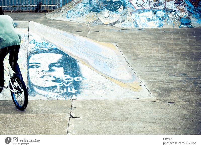 skaterpark Colour photo Subdued colour Exterior shot Copy Space right Copy Space middle Day Human being Masculine Young man Youth (Young adults) Cycling Blue