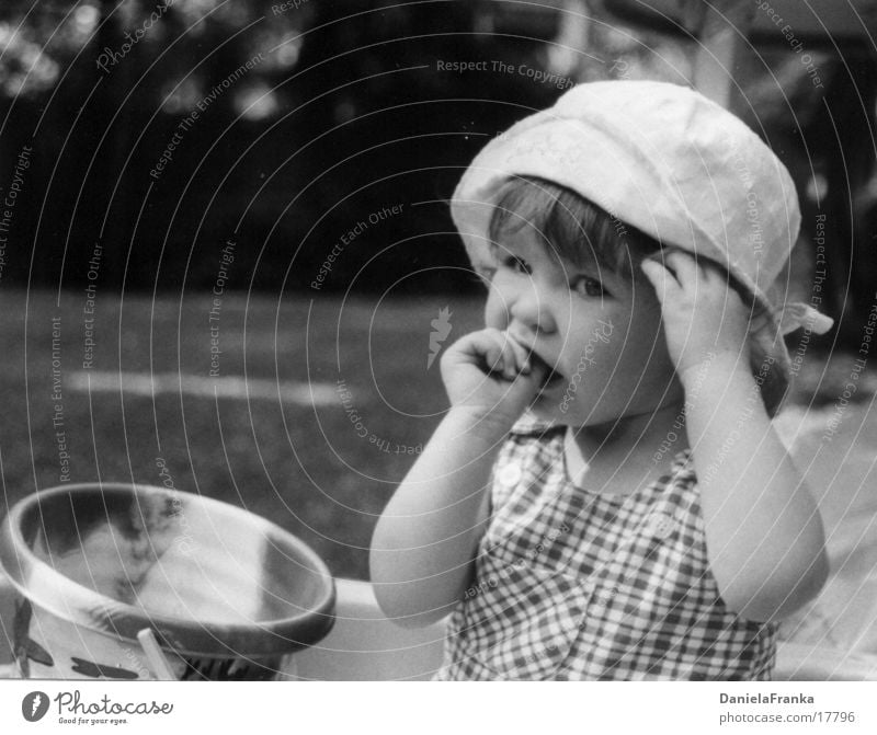 I'm tired Toddler Girl Thumb Lick Summer Black & white photo Fatigue black.white Exterior shot