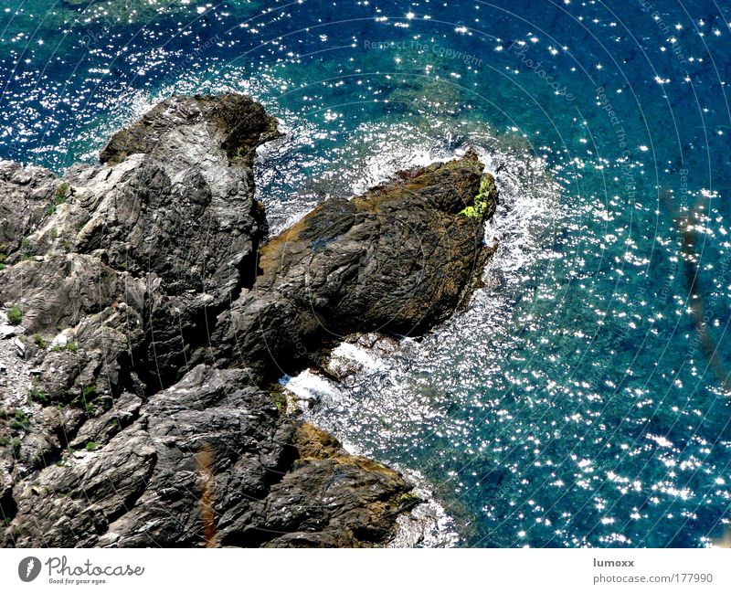 CINQUE TERRE Nature Elements Water Beautiful weather Rock Waves Coast Reef Ocean Cinque Terre Italy Glittering Blue Gray Joy Life Flow Hissing Swell Azure blue