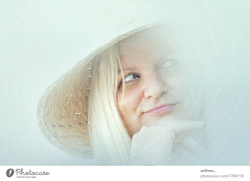 She was called Madame Woman Dreamily Face Straw hat Blonde Long-haired Smiling Bright pretty Charming Impish Flirt portrait Looking away bold allure Feminine