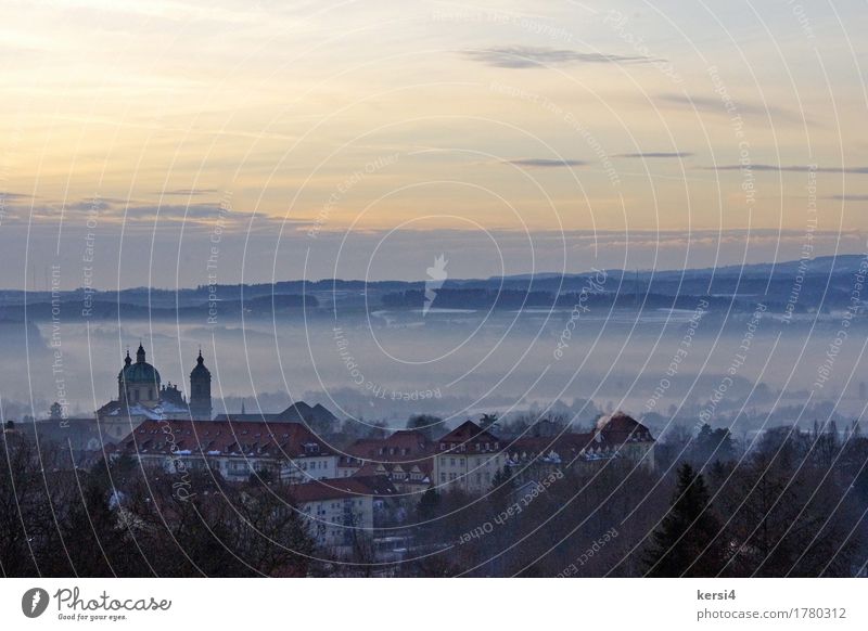 Veil of mist over the valley Nature Landscape Sky Weather Fog Upper Swabia Town Outskirts Deserted Church Tourist Attraction Landmark Moody Esthetic Horizon