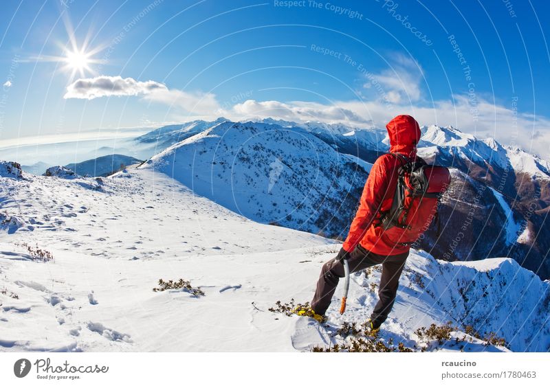 Mountaineer takes a rest while observing a mountain panorama Adventure Expedition Sun Winter Snow Sports Man Adults Nature Landscape Sky Alps Jacket Blue Red