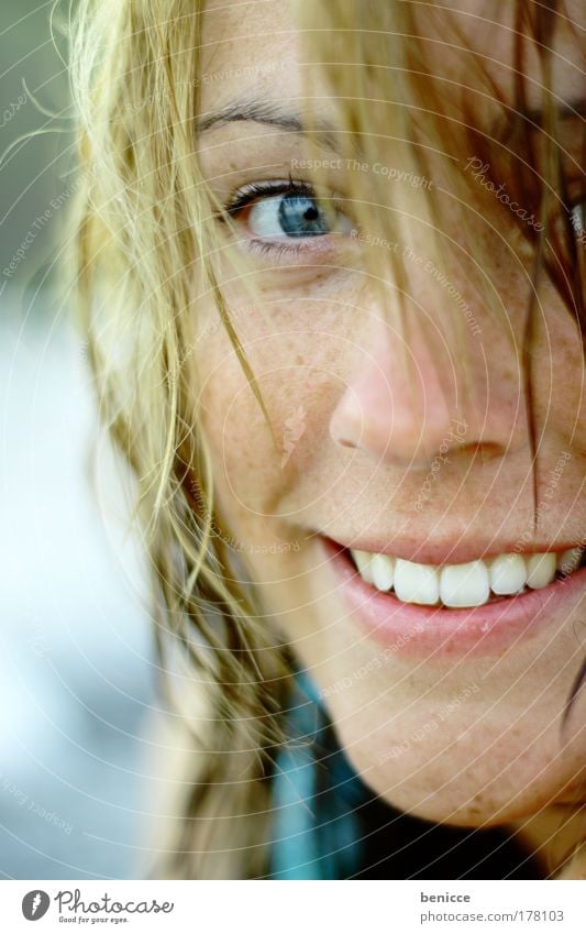 Eye Eye Woman youthful Portrait photograph Looking Eyes Hair and hairstyles Face Laughter Smiling Summer Wet Beach Teeth White Attractive Beautiful