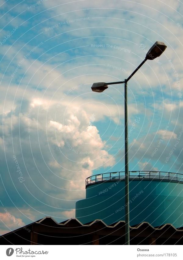 T Architecture Industry Industrial Photography Tank Silo Roof Lantern Steel Pole Building Manmade structures Sky Clouds Blue Covered Lamp Street lighting