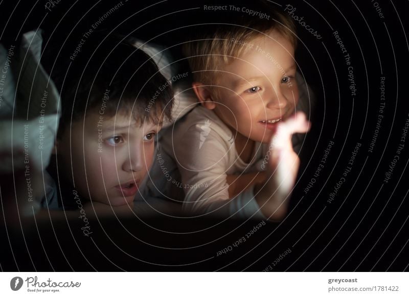 Two boys lying on bed under blanket at night. They watching movie or cartoon on pad. Screen enlighting their faces in darkness Playing Child Computer