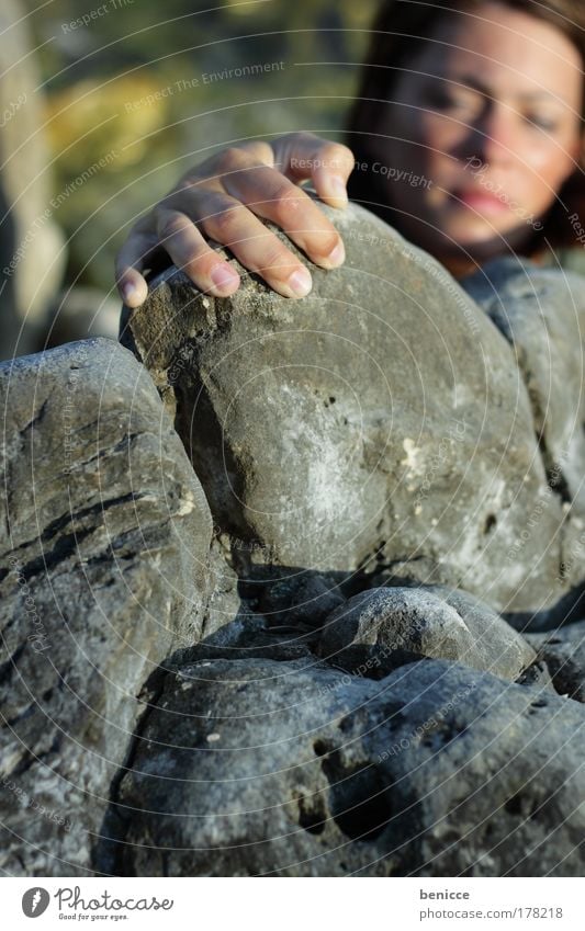 and high Climbing Hiking Woman Hand got out Effort Success Tall Upward Stone Mountain Rock Sports Human being To hold on Dangerous Risk Threat Situation