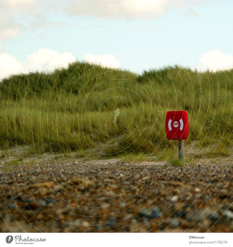 Rescue is near... Beach Ocean Waves Sand Sky Clouds Wind Gale Grass Coast North Sea Baltic Sea Dinghy Safety Protection Solidarity Fear of death Help Life belt