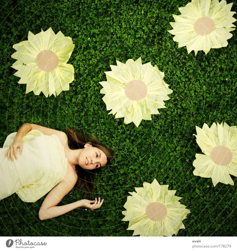 Happy sunflower party Colour photo Exterior shot Aerial photograph Day Contrast Bird's-eye view Portrait photograph Upper body Summer Feminine Young woman