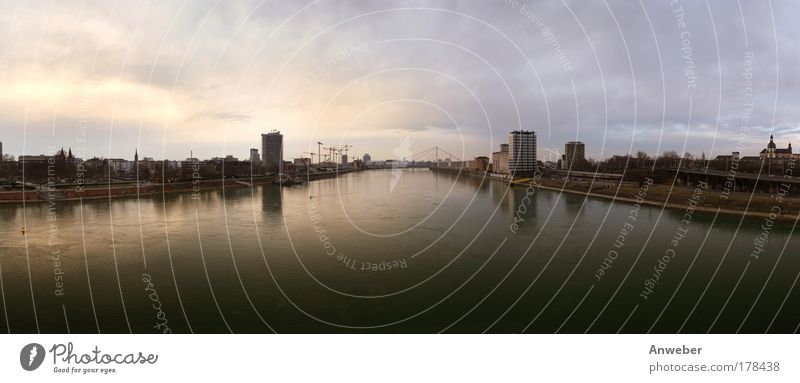 Rhine between Ludwigshafen (left) and Mannheim (right) Copy Space top Twilight Central perspective Wide angle Environment Nature Landscape Air Sky River bank