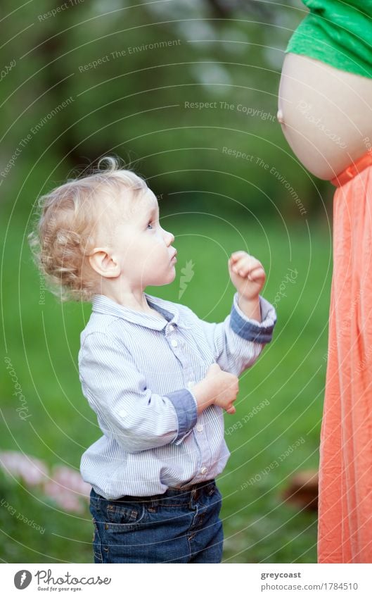 Lovely little boy looking at pregnant mothers belly outdoor. He is expecting to have brother or sister Summer Child Boy (child) Woman Adults Mother