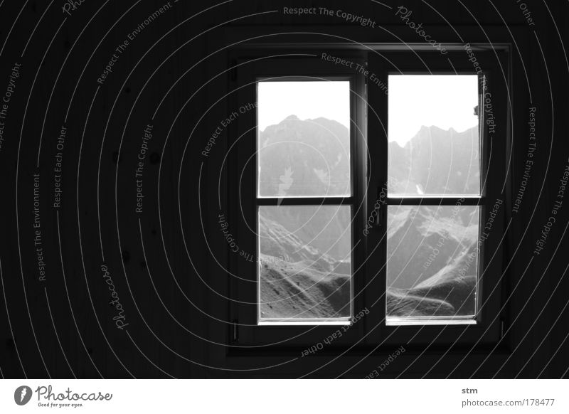 Mountain panorama through hut window Black & white photo Interior shot Copy Space left Evening Silhouette Harmonious Contentment Relaxation Calm