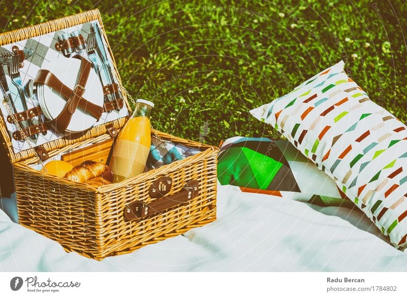 Picnic Basket Food On White Blanket With Pillows In Summer Fruit Apple Orange Croissant Nutrition Eating Breakfast Lunch Juice Crockery Bottle Cutlery