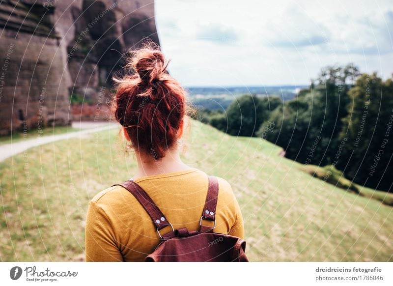 On a hike. Vacation & Travel Tourism Trip Adventure Far-off places Freedom Sightseeing Feminine Woman Adults Landscape Horizon Beautiful weather Wall (barrier)