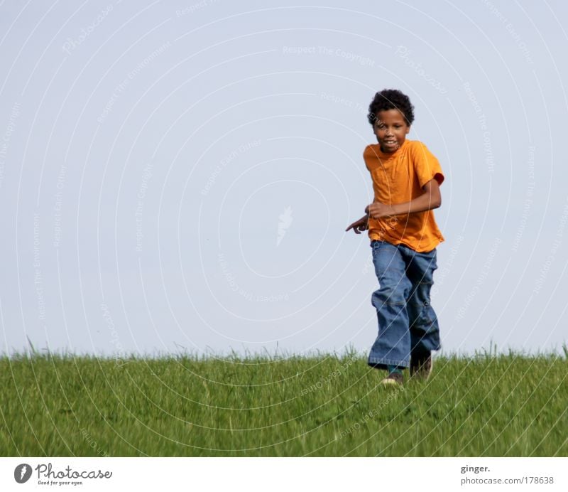 Conformity (boy sprinting across the meadow) Summer Human being Masculine Child Boy (child) Infancy Youth (Young adults) 1 8 - 13 years Nature Sky Cloudless sky