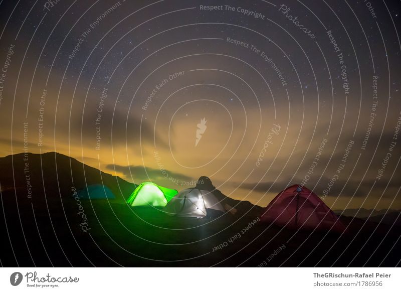 camping Environment Nature Green Red Black Tent camp Light Shadow Mountain Clouds peaked miles Alps Switzerland Sleep Exterior shot Starry sky Colour photo