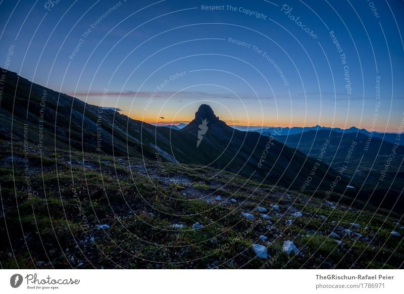 in the morning Environment Nature Landscape Blue Gray Green Orange Black Mountain range Alps Switzerland peaked miles Grass Stone Peak Silhouette Far-off places