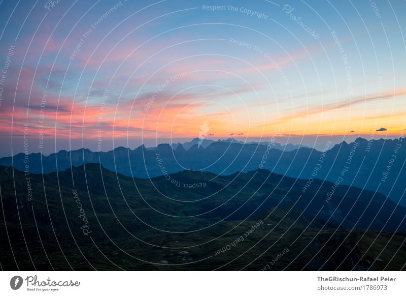 morning mood Environment Nature Blue Orange Pink Black Morning Arise Vantage point Switzerland Mountain Alps Moody Wake up Clouds Dawn Mountain range