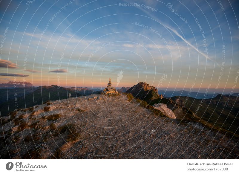 cairn Environment Nature Landscape Blue Brown Gold Orange Black Cairn Stone Grass Airplane Mountain Clouds Sky Rock Mountain ridge Switzerland Alps