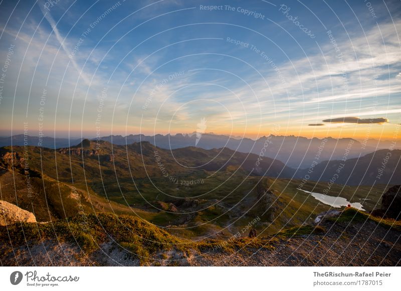 prospect Environment Nature Landscape Blue Brown Gold Gray Green Orange Black Vantage point Panorama (View) Mountain range Mountain lake Silhouette Sunrise