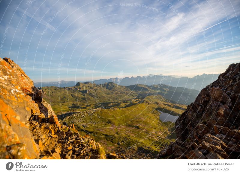 prospect Environment Nature Landscape Blue Brown Gray Green Orange Morning Vantage point Panorama (View) Mountain Peak Mountain lake Stone Climbing Hiking