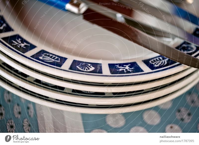 Table set with a stack of plates and cutlery Crockery Plate Bowl Cutlery Knives Glass Steel Authentic Simple Fresh Retro Blue Turquoise White Colour