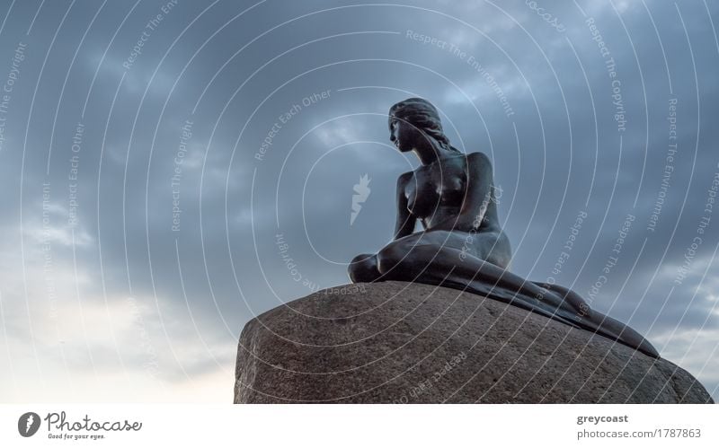 Low angle view of Little Mermaid statue on large boulder looking away in Denmark under cloudy sky Vacation & Travel Tourism Ocean Rock Harbour Monument Small