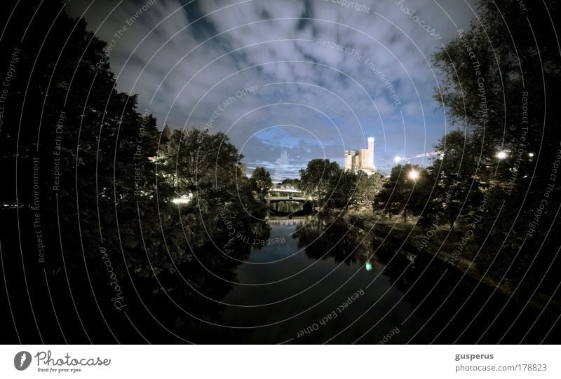 B at N Colour photo Exterior shot Deserted Long exposure Wide angle Berlin Germany Capital city Bank building Bridge Threat Far-off places Blue Moody Esthetic