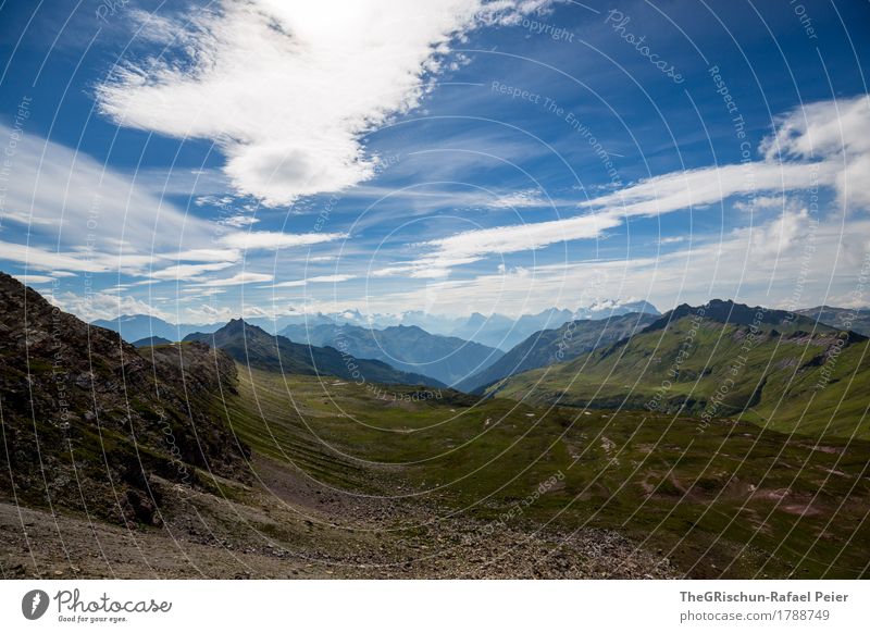 mountains Environment Nature Landscape Blue Brown Gray Green Mountain Clouds Exterior shot Stone Scree Meadow Mountain range Switzerland Alps Colour photo