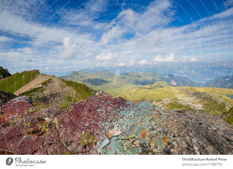 variegated Environment Nature Landscape Blue Brown Multicoloured Gray Green Black Turquoise Mountain Clouds Stone Red Switzerland Vantage point Colour photo