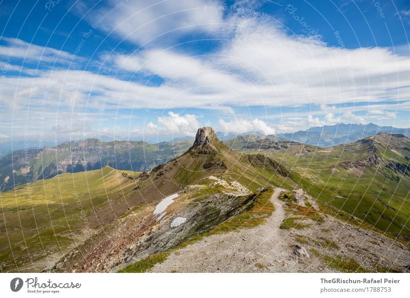 ridge Environment Nature Landscape Blue Brown Gray Green Lanes & trails Hiking Mountain Snow Stone peaked miles Switzerland Vantage point Panorama (View)