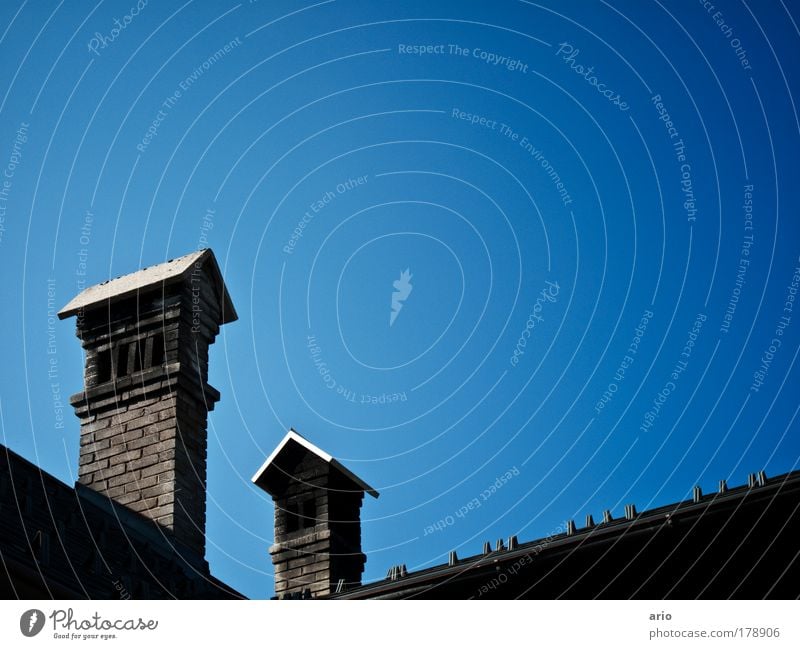 from roof to roof Colour photo Exterior shot Deserted Day House (Residential Structure) Cloudless sky Village Roof Chimney Blue Architecture