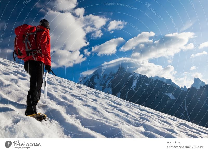 Mountaineer walking uphill on a glacier. Mont Blanc, France. Adventure Expedition Winter Snow Climbing Mountaineering Success Human being Boy (child) Man Adults