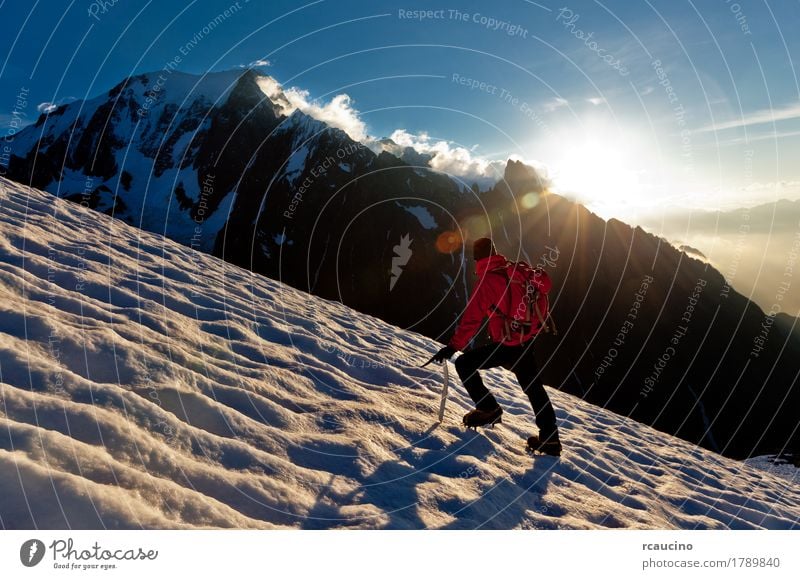 A mountaineer walking uphill on a glacier. Mont Blanc, France. Adventure Expedition Winter Snow Mountain Climbing Mountaineering Success Human being Boy (child)