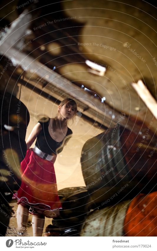 Looking to the future? Colour photo Subdued colour Multicoloured Interior shot Reflection Full-length Looking into the camera Human being Feminine Young woman